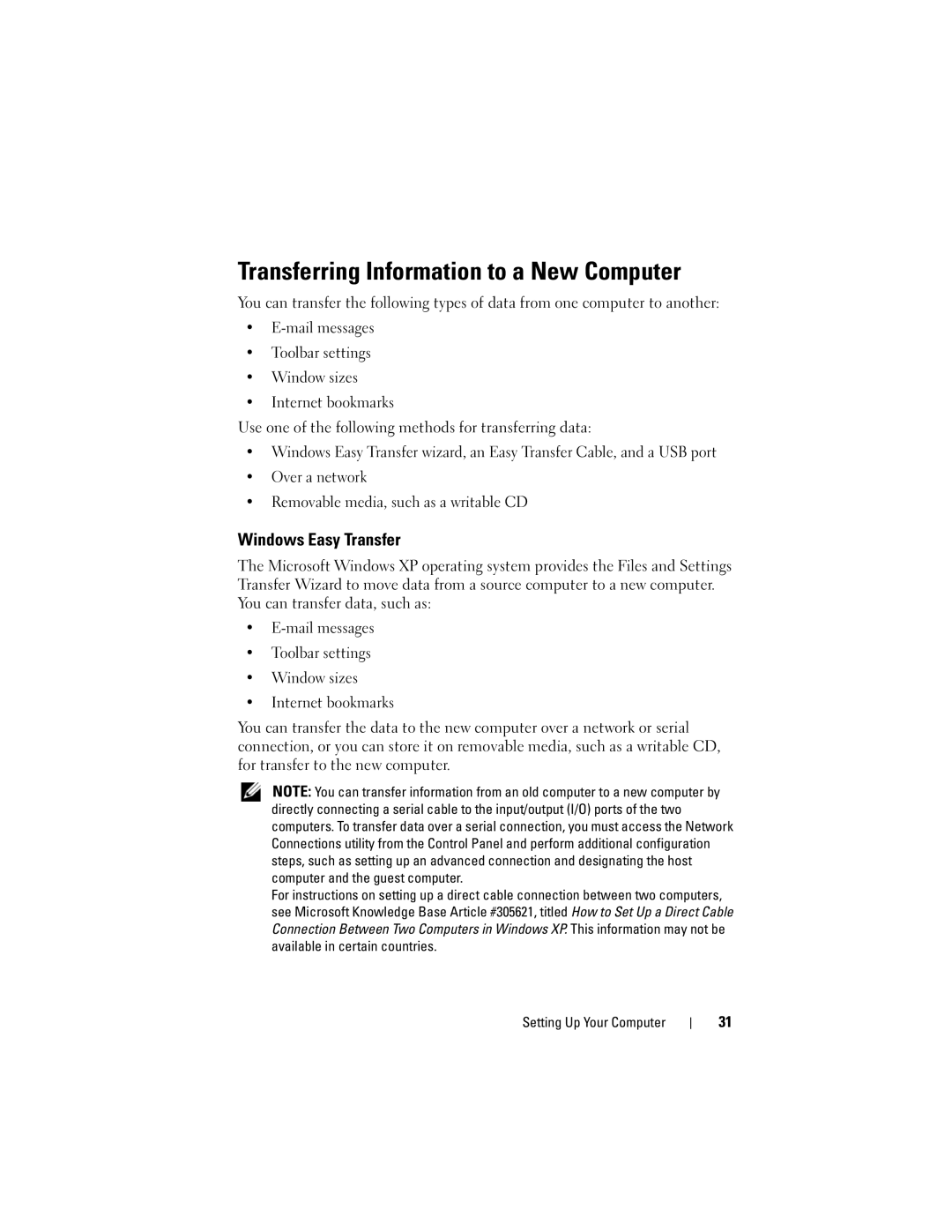 Dell PP29L owner manual Transferring Information to a New Computer, Windows Easy Transfer 