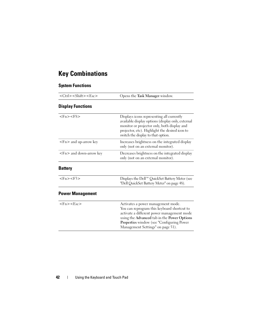 Dell PP29L owner manual Key Combinations, System Functions, Display Functions, Battery, Power Management 