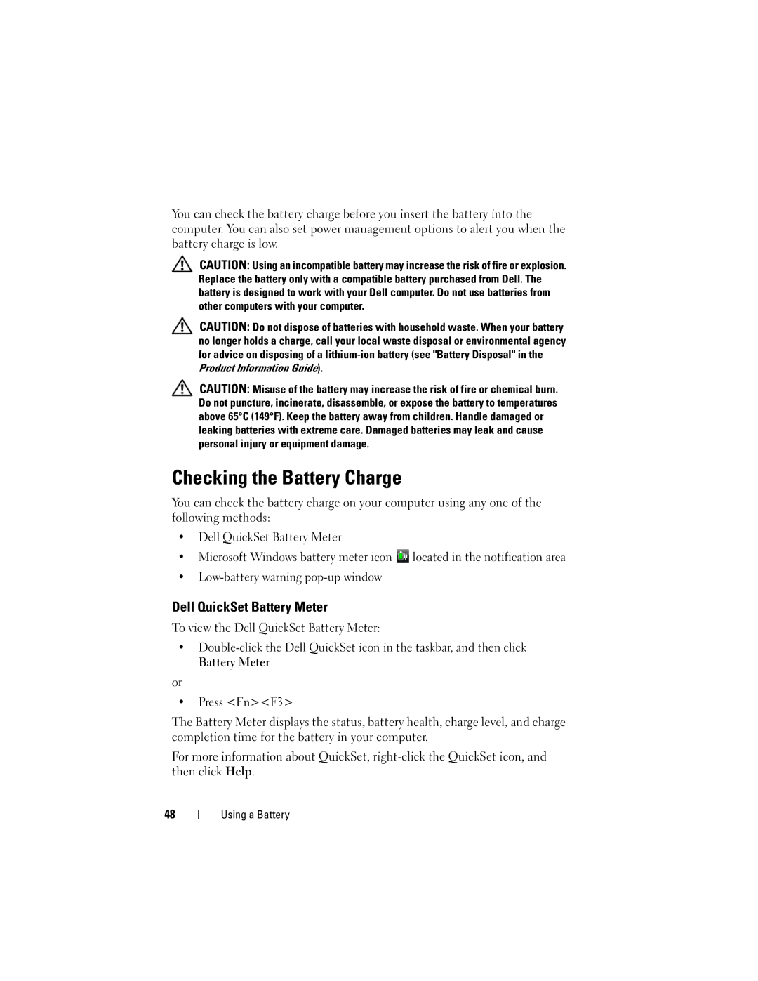 Dell PP29L owner manual Checking the Battery Charge, Dell QuickSet Battery Meter 