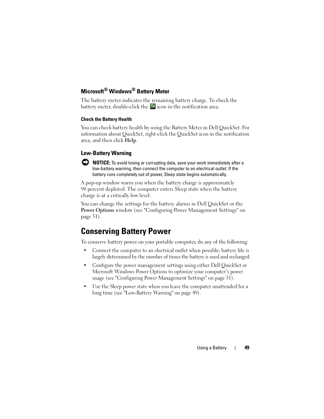Dell PP29L Conserving Battery Power, Microsoft Windows Battery Meter, Low-Battery Warning, Check the Battery Health 