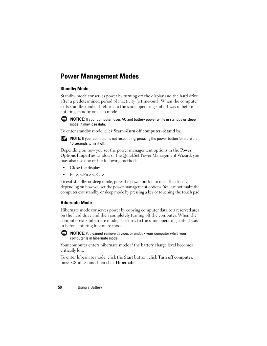 Dell PP29L owner manual Power Management Modes, Standby Mode, Hibernate Mode, Close the display Press FnEsc 