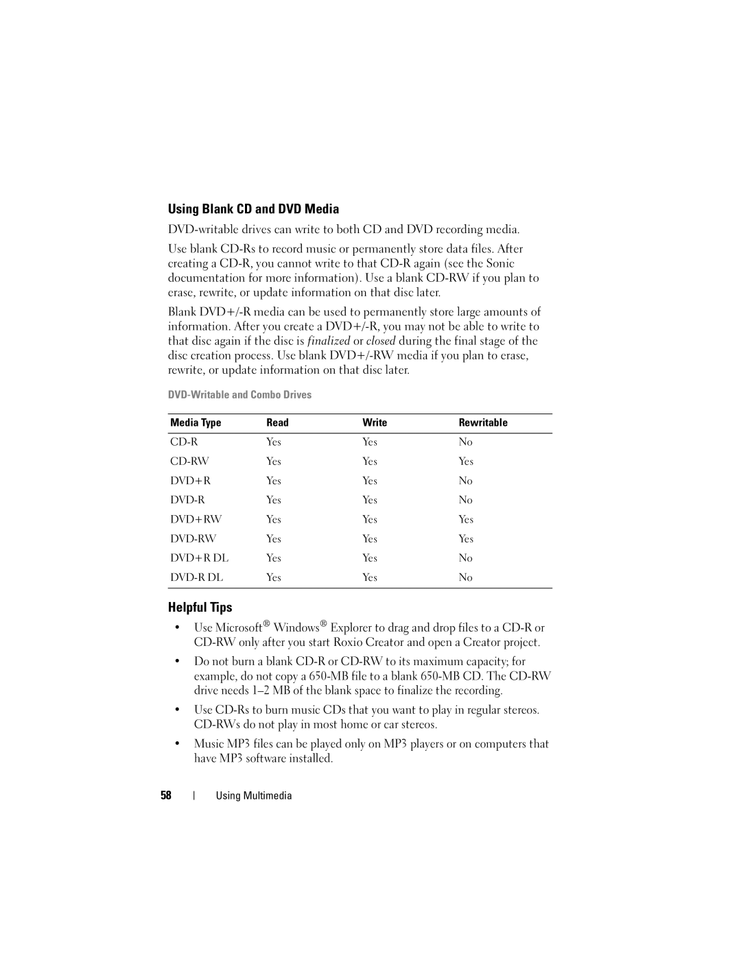 Dell PP29L owner manual Using Blank CD and DVD Media, Helpful Tips, Media Type Read Write Rewritable 