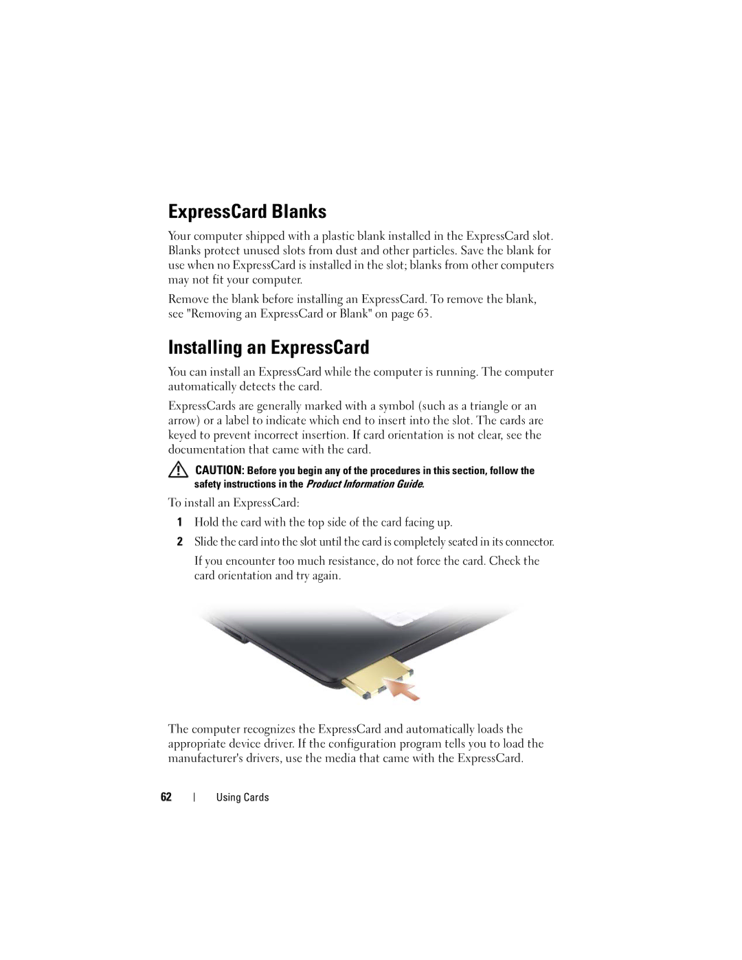 Dell PP29L owner manual ExpressCard Blanks, Installing an ExpressCard 