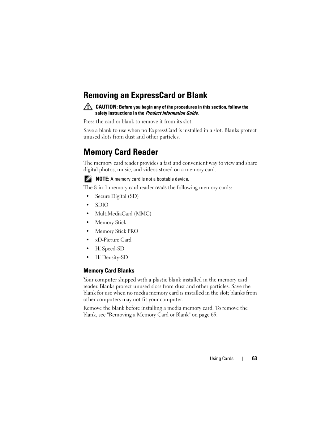 Dell PP29L owner manual Removing an ExpressCard or Blank, Memory Card Reader, Memory Card Blanks, Secure Digital SD 