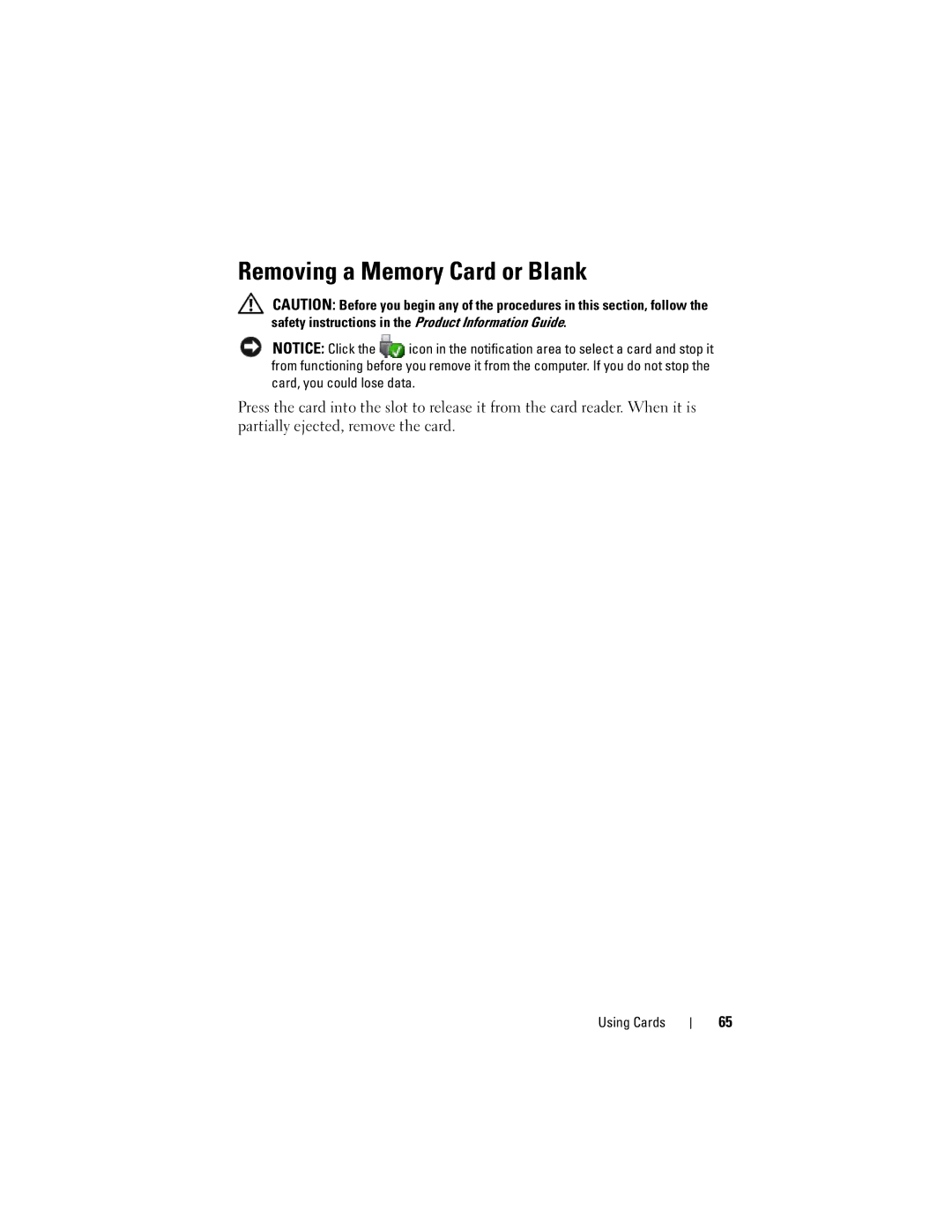 Dell PP29L owner manual Removing a Memory Card or Blank 