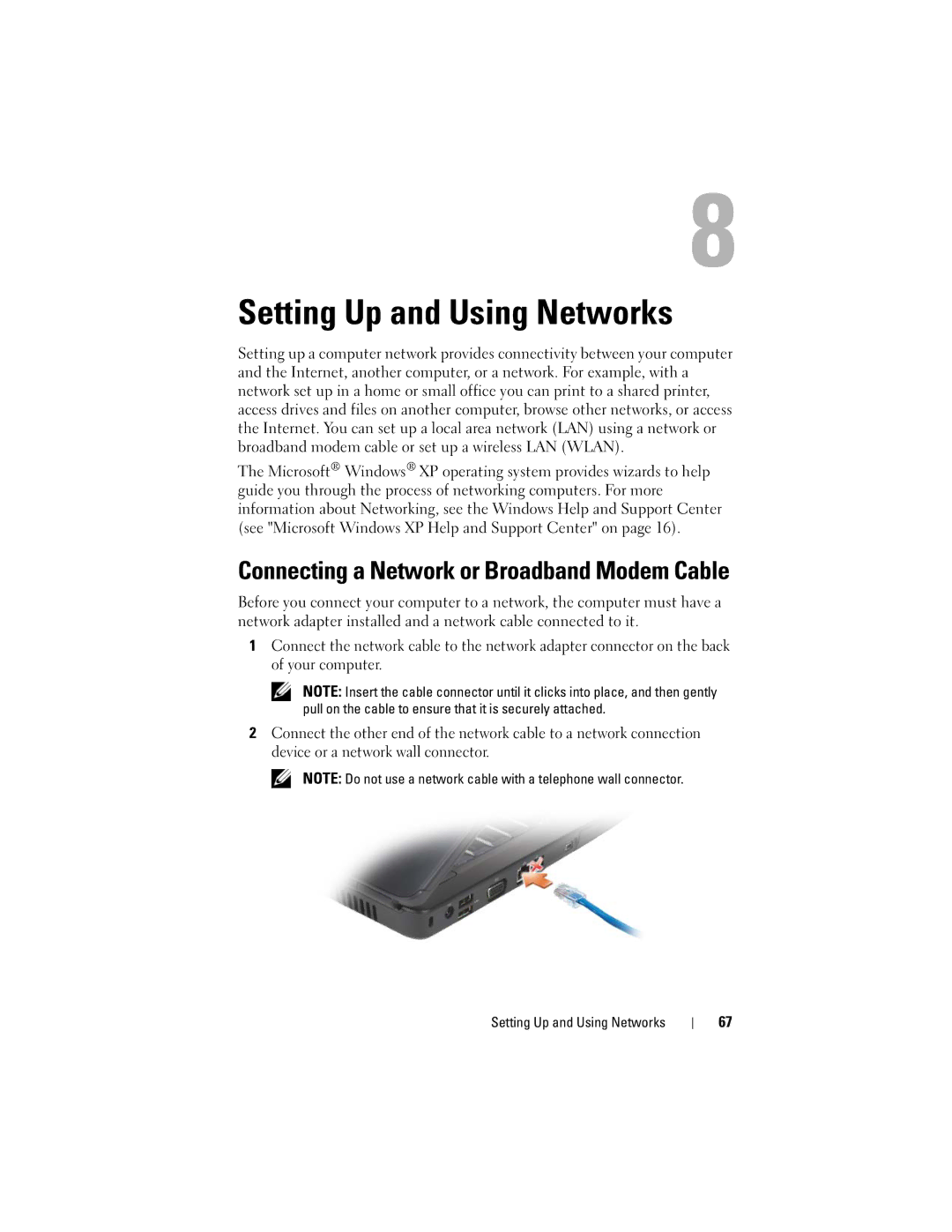 Dell PP29L owner manual Setting Up and Using Networks, Connecting a Network or Broadband Modem Cable 