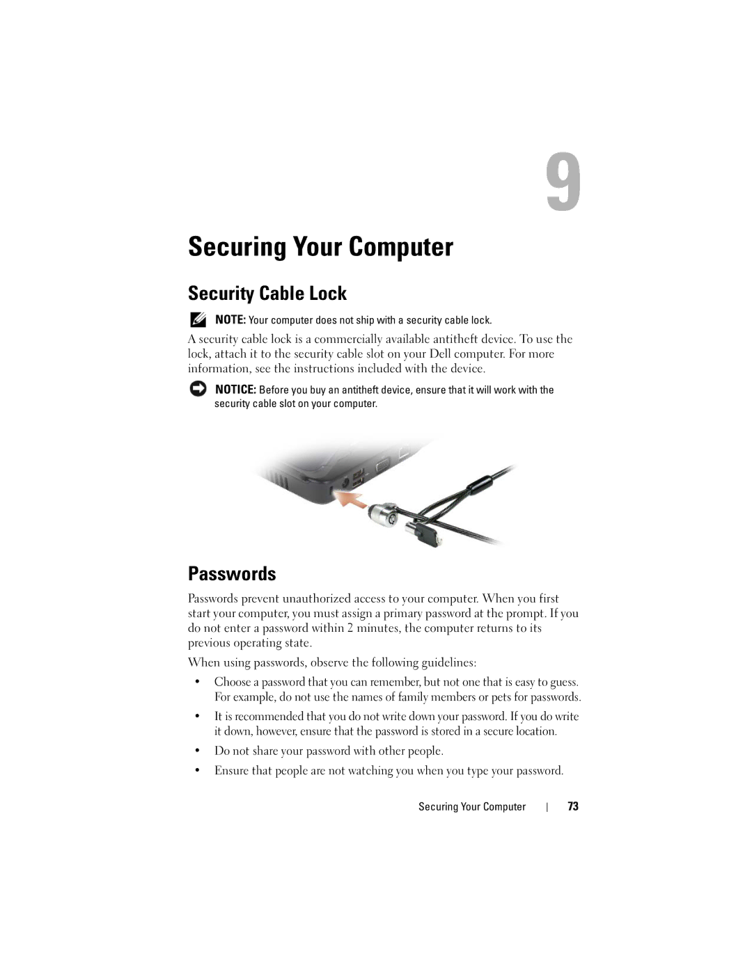 Dell PP29L owner manual Securing Your Computer, Security Cable Lock, Passwords 