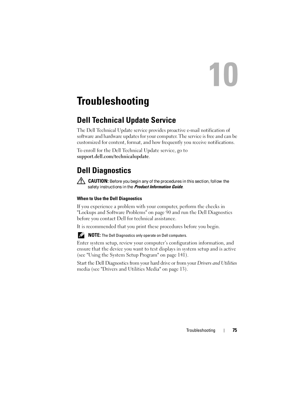 Dell PP29L owner manual Troubleshooting, Dell Technical Update Service, When to Use the Dell Diagnostics 
