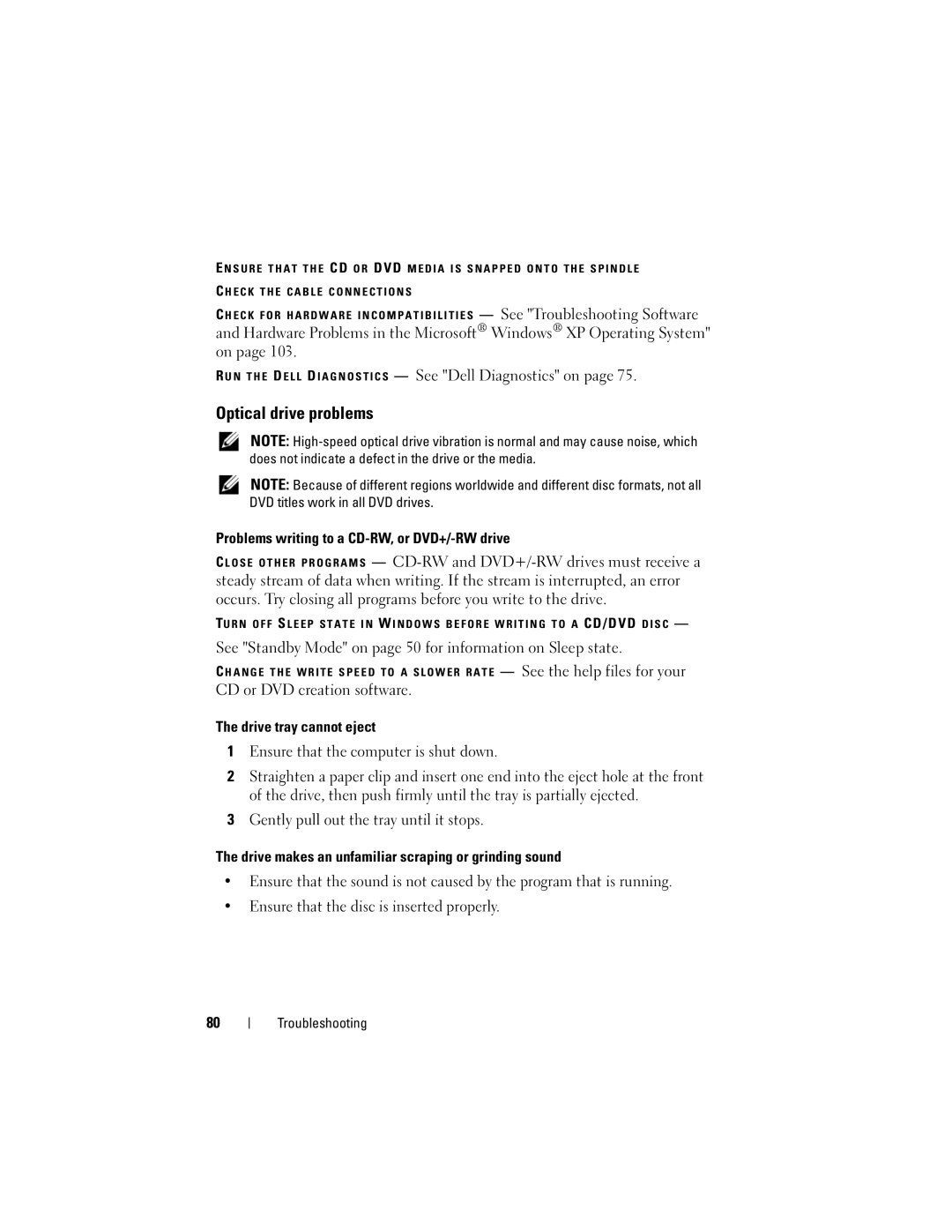 Dell PP29L owner manual Optical drive problems, Problems writing to a CD-RW, or DVD+/-RW drive 