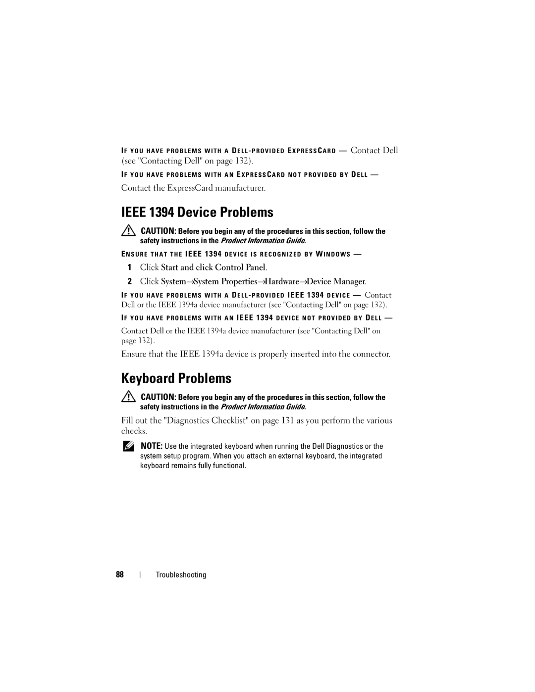 Dell PP29L owner manual Ieee 1394 Device Problems, Keyboard Problems 