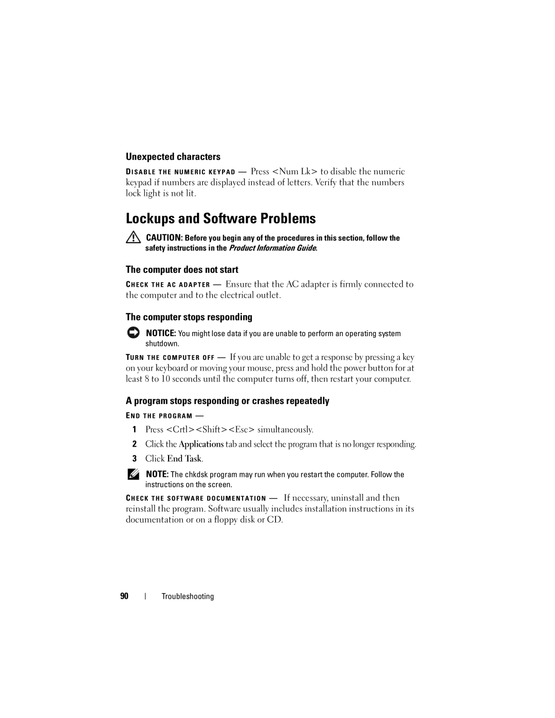 Dell PP29L Lockups and Software Problems, Unexpected characters, Computer does not start, Computer stops responding 