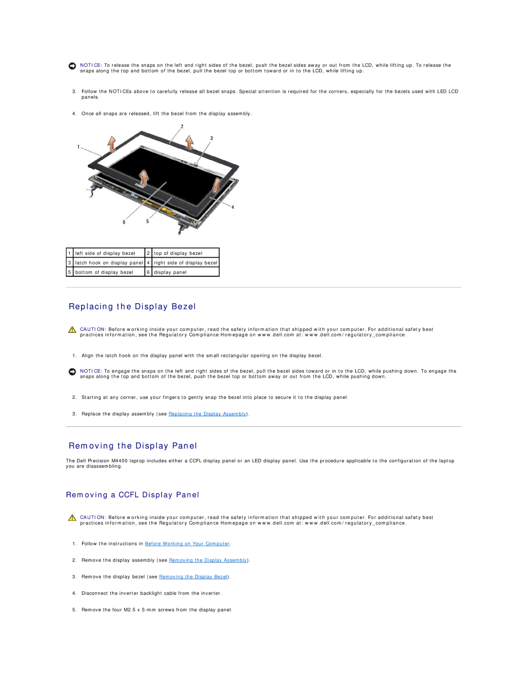 Dell PP30L manual Replacing the Display Bezel, Removing the Display Panel, Removing a Ccfl Display Panel 