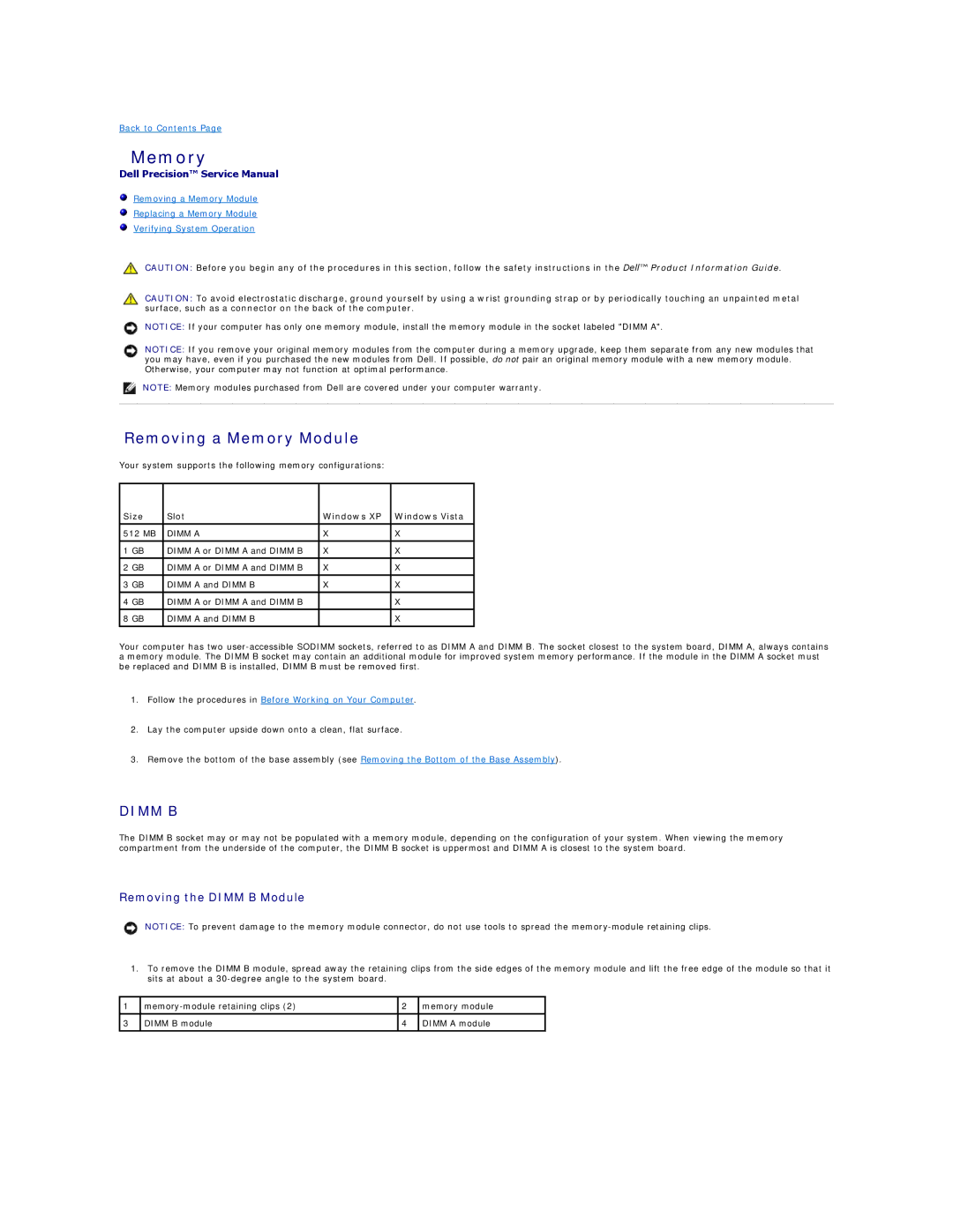 Dell PP30L manual Removing a Memory Module, Removing the Dimm B Module, Size Slot Windows XP Windows Vista 