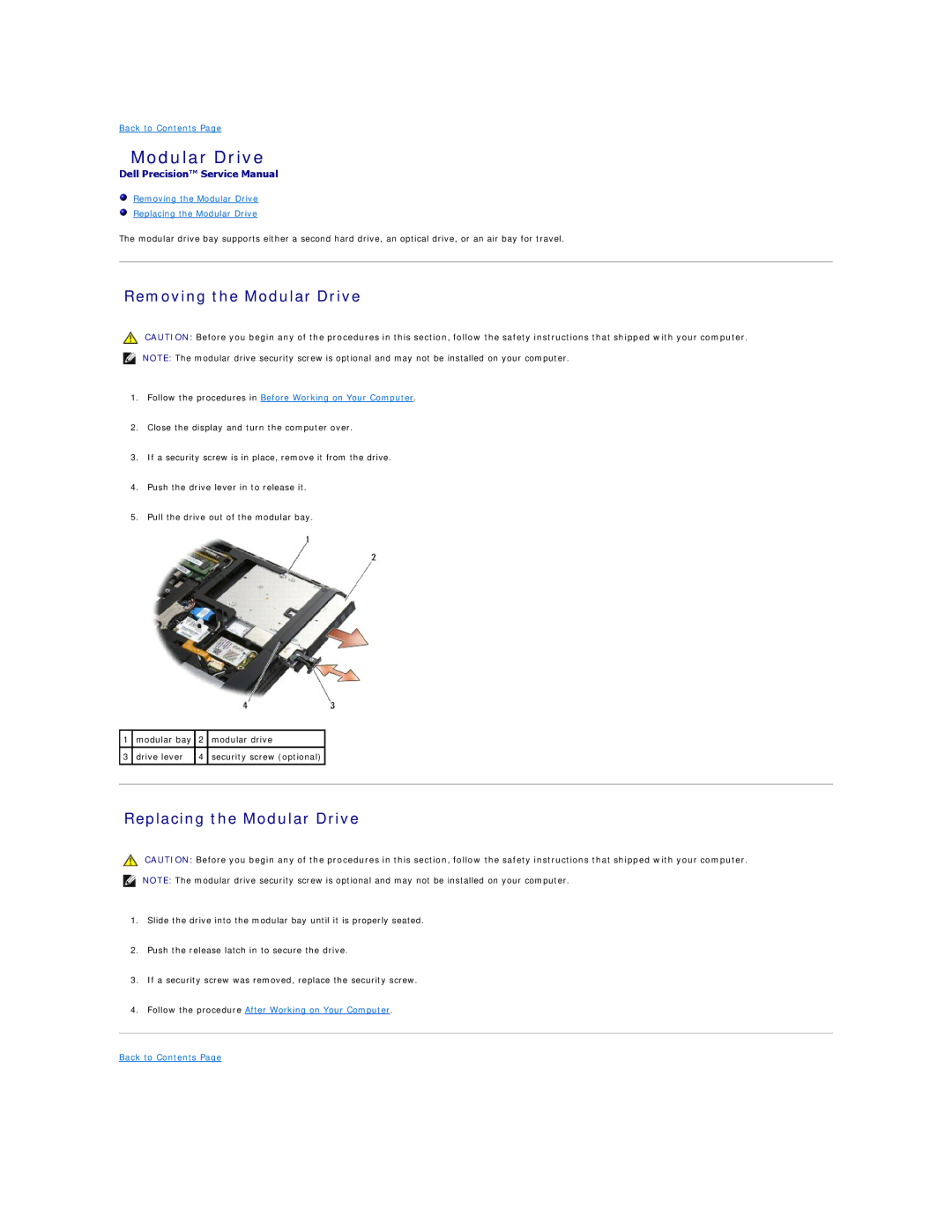 Dell PP30L manual Removing the Modular Drive, Replacing the Modular Drive 