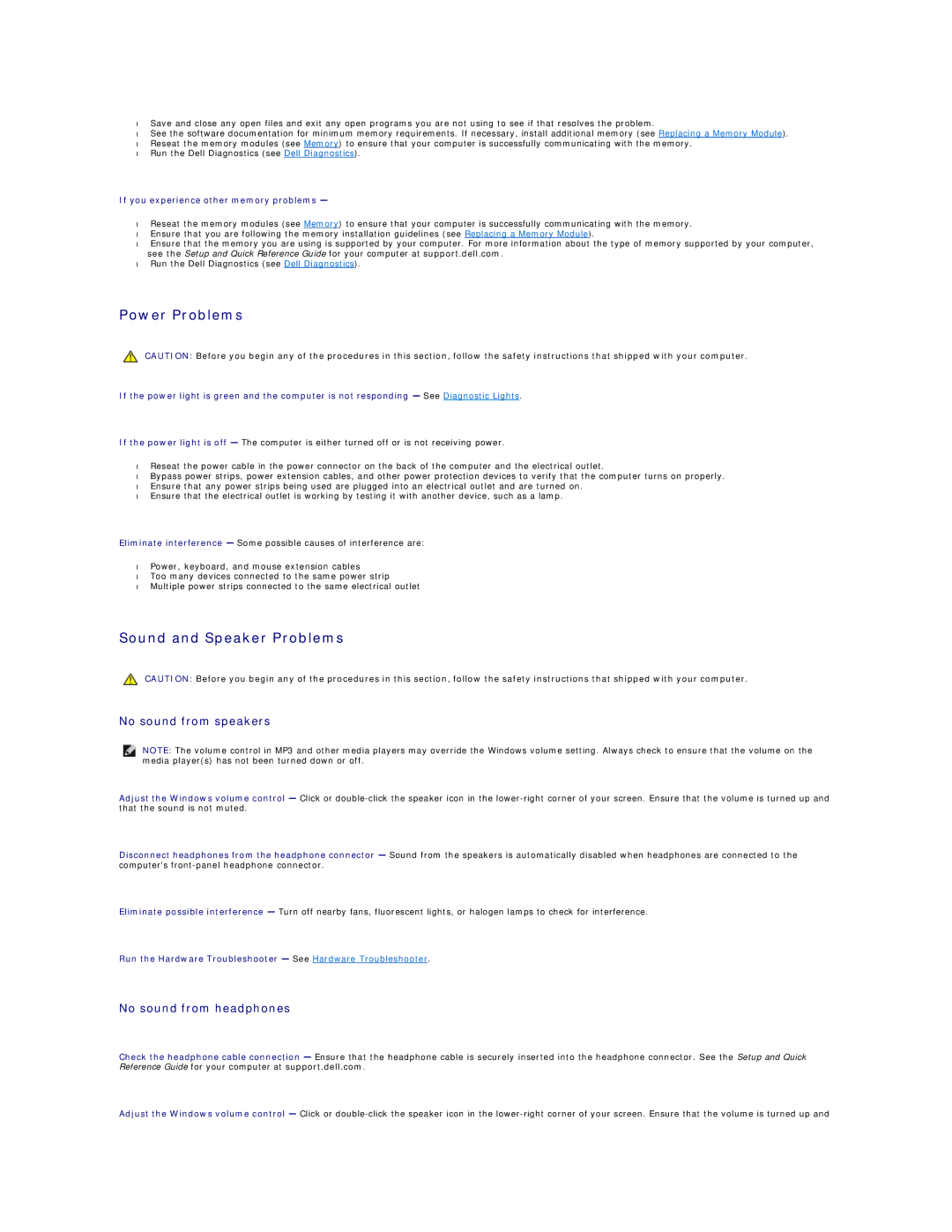Dell PP30L manual Power Problems, Sound and Speaker Problems, No sound from speakers, No sound from headphones 