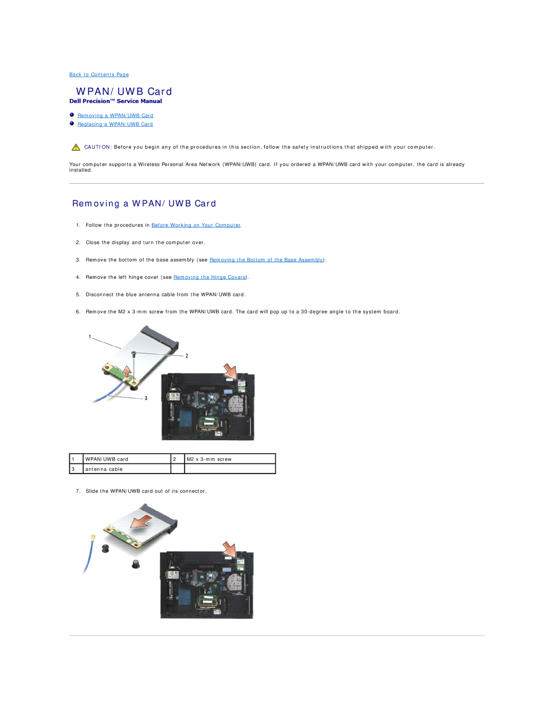 Dell PP30L manual Removing a WPAN/UWB Card Replacing a WPAN/UWB Card 