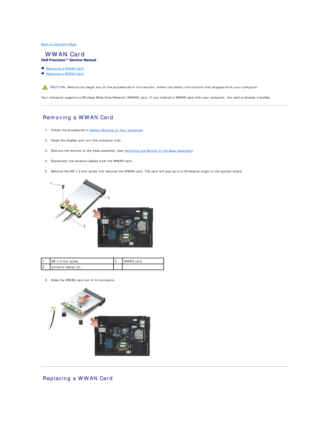 Dell PP30L manual Removing a Wwan Card Replacing a Wwan Card 
