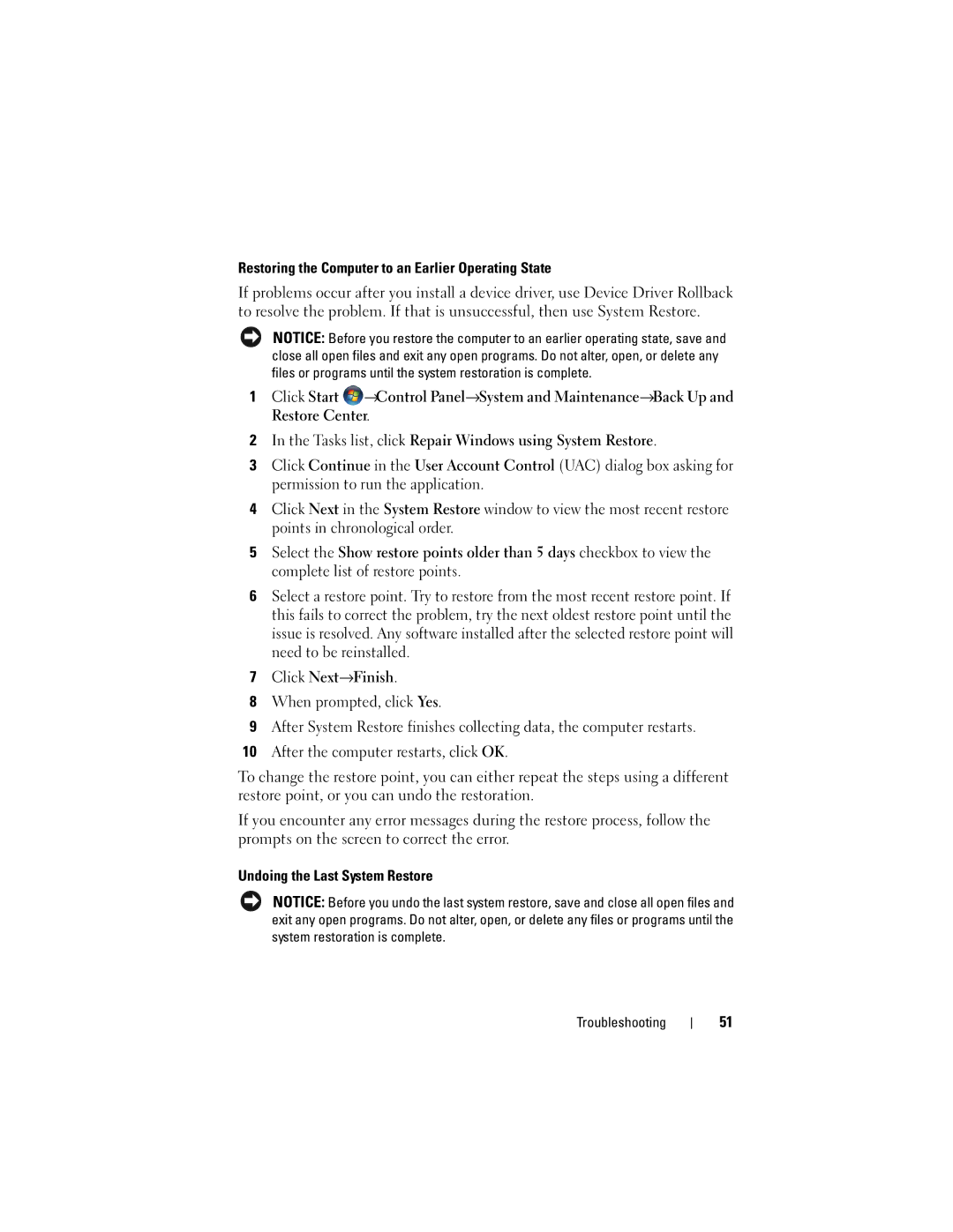 Dell PP31L manual Restoring the Computer to an Earlier Operating State, Undoing the Last System Restore 