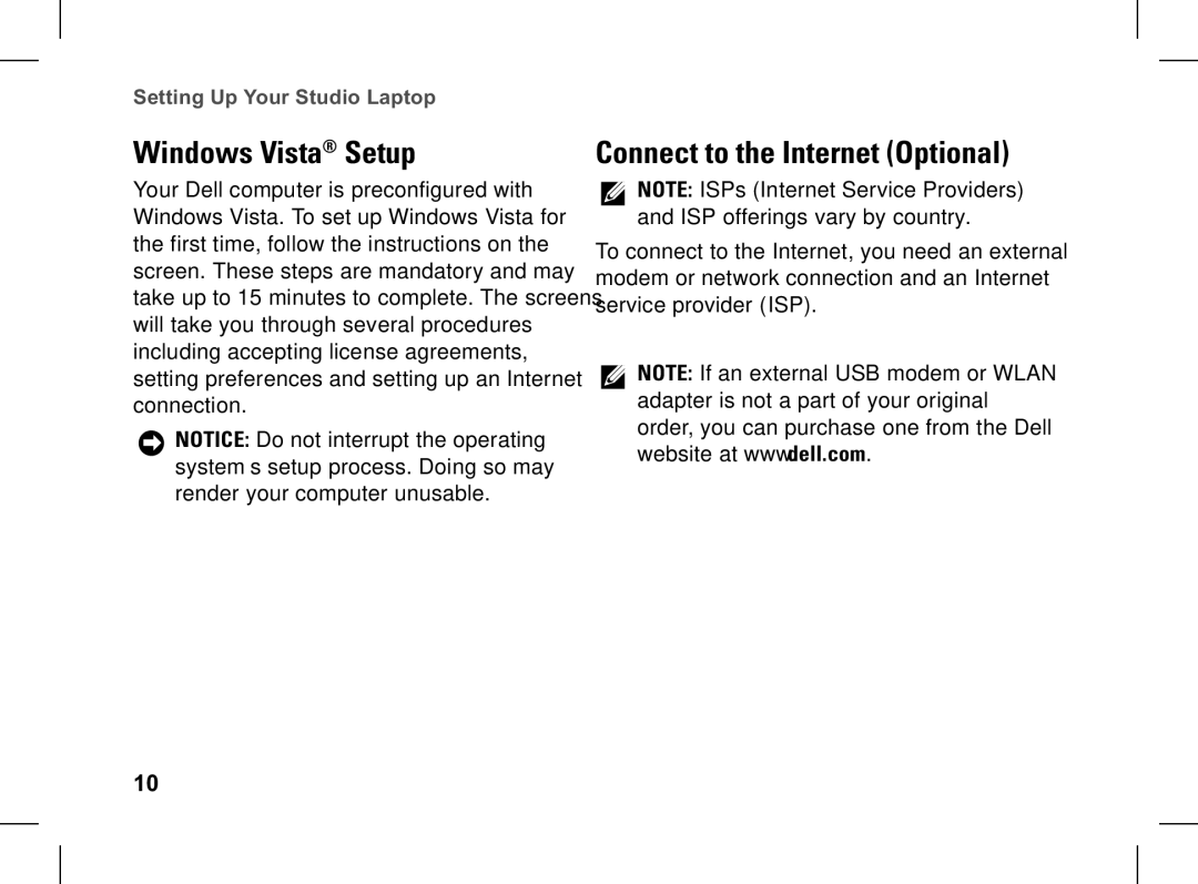 Dell pp33l setup guide Windows Vista Setup, Connect to the Internet Optional 