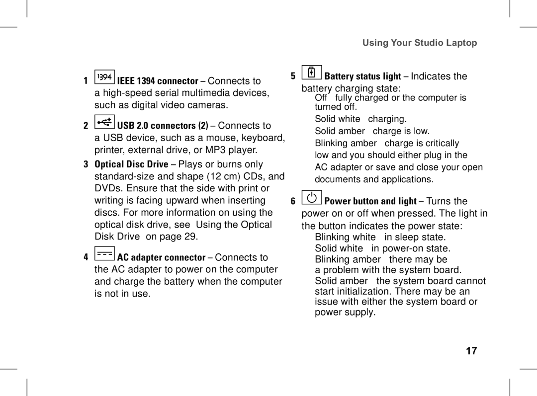 Dell pp33l setup guide Battery status light Indicates the battery charging state 