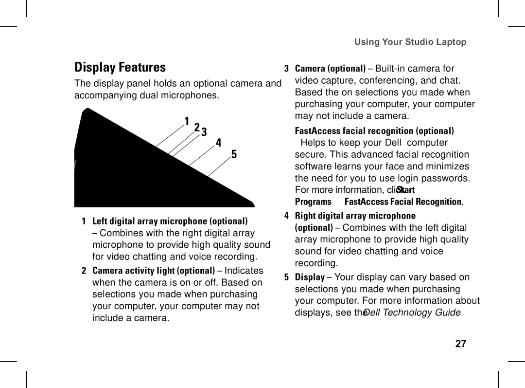 Dell pp33l setup guide Display Features, Left digital array microphone optional 