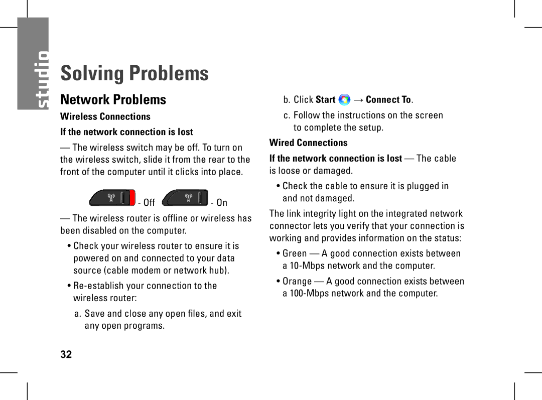 Dell pp33l setup guide Solving Problems, Network Problems, Wireless Connections If the network connection is lost 