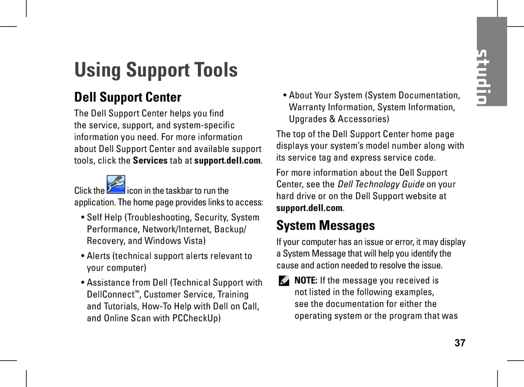 Dell pp33l setup guide Using Support Tools, Dell Support Center, System Messages 