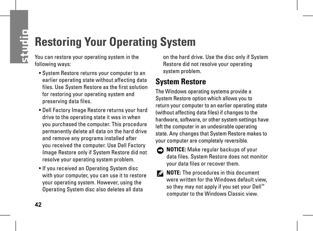 Dell pp33l setup guide Restoring Your Operating System, System Restore 
