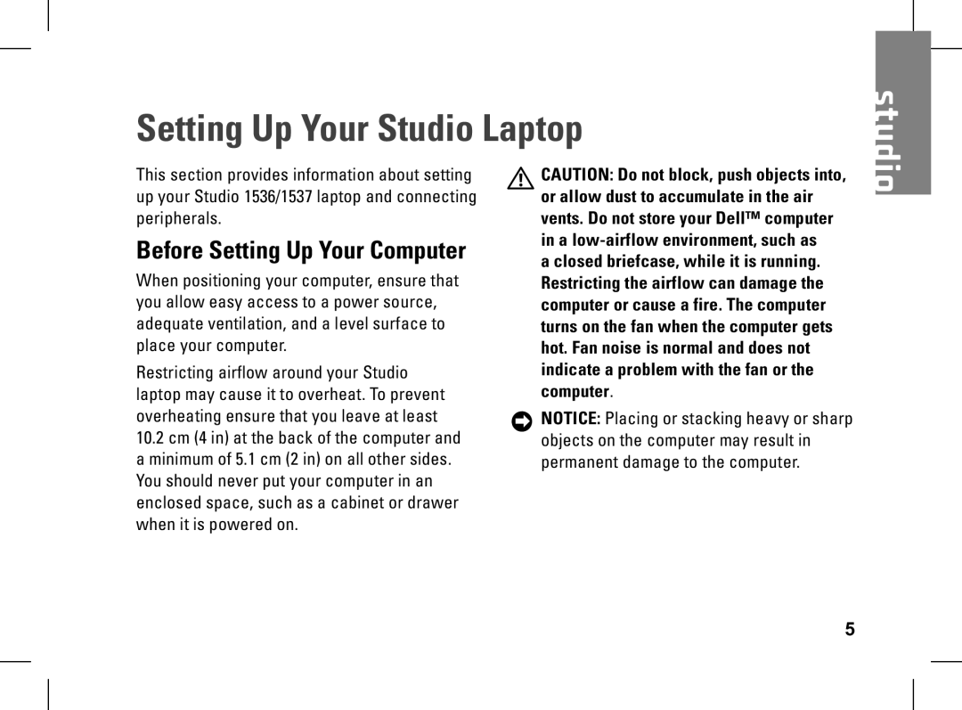 Dell pp33l setup guide Setting Up Your Studio Laptop, Before Setting Up Your Computer 