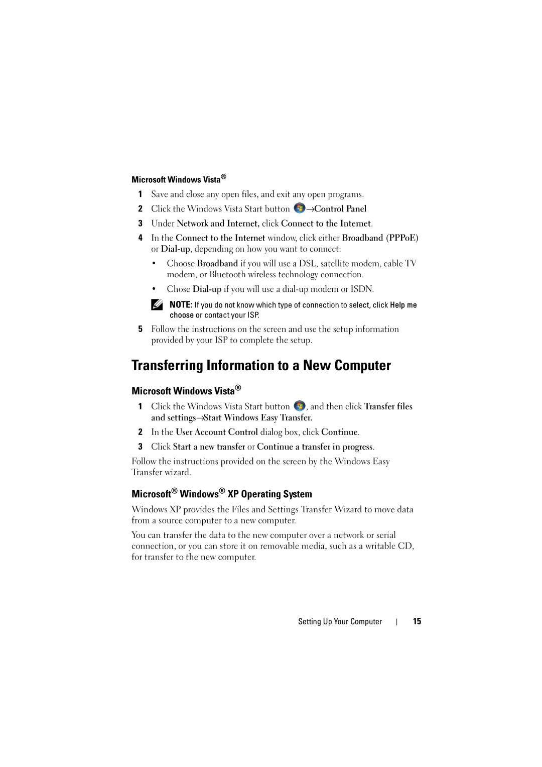 Dell PP36 manual Transferring Information to a New Computer, Microsoft Windows Vista, Microsoft Windows XP Operating System 