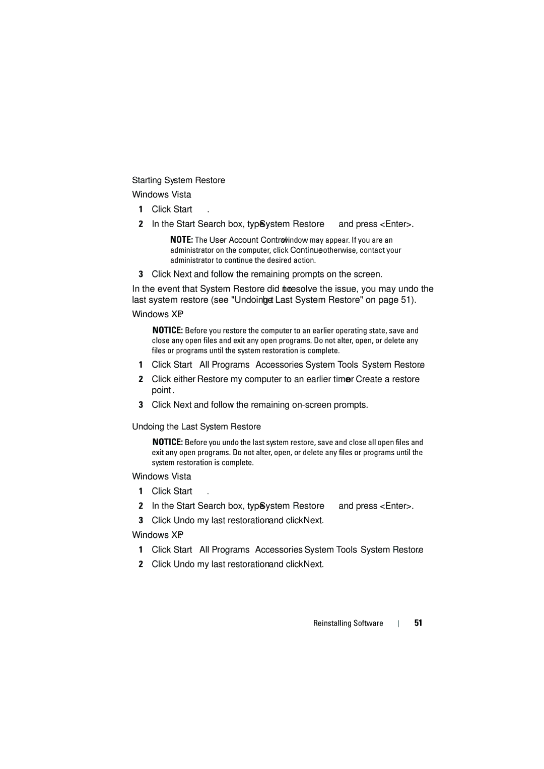 Dell PP36 manual Starting System Restore Windows Vista, Undoing the Last System Restore Windows Vista 