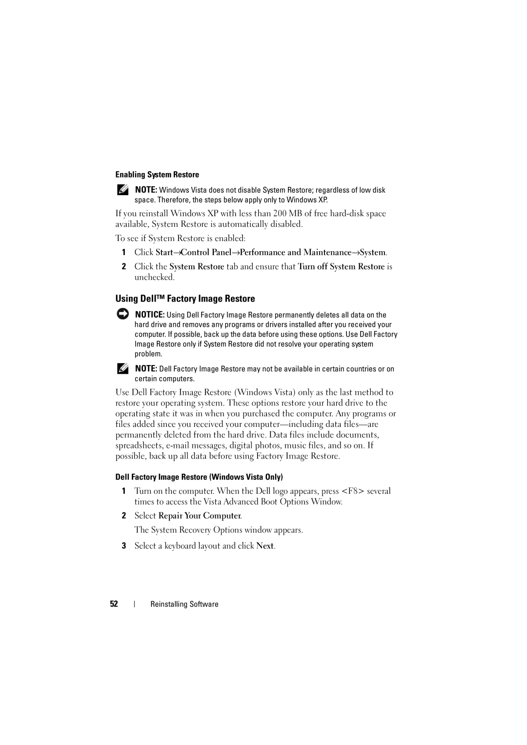 Dell PP36 manual Using Dell Factory Image Restore, Enabling System Restore, Dell Factory Image Restore Windows Vista Only 