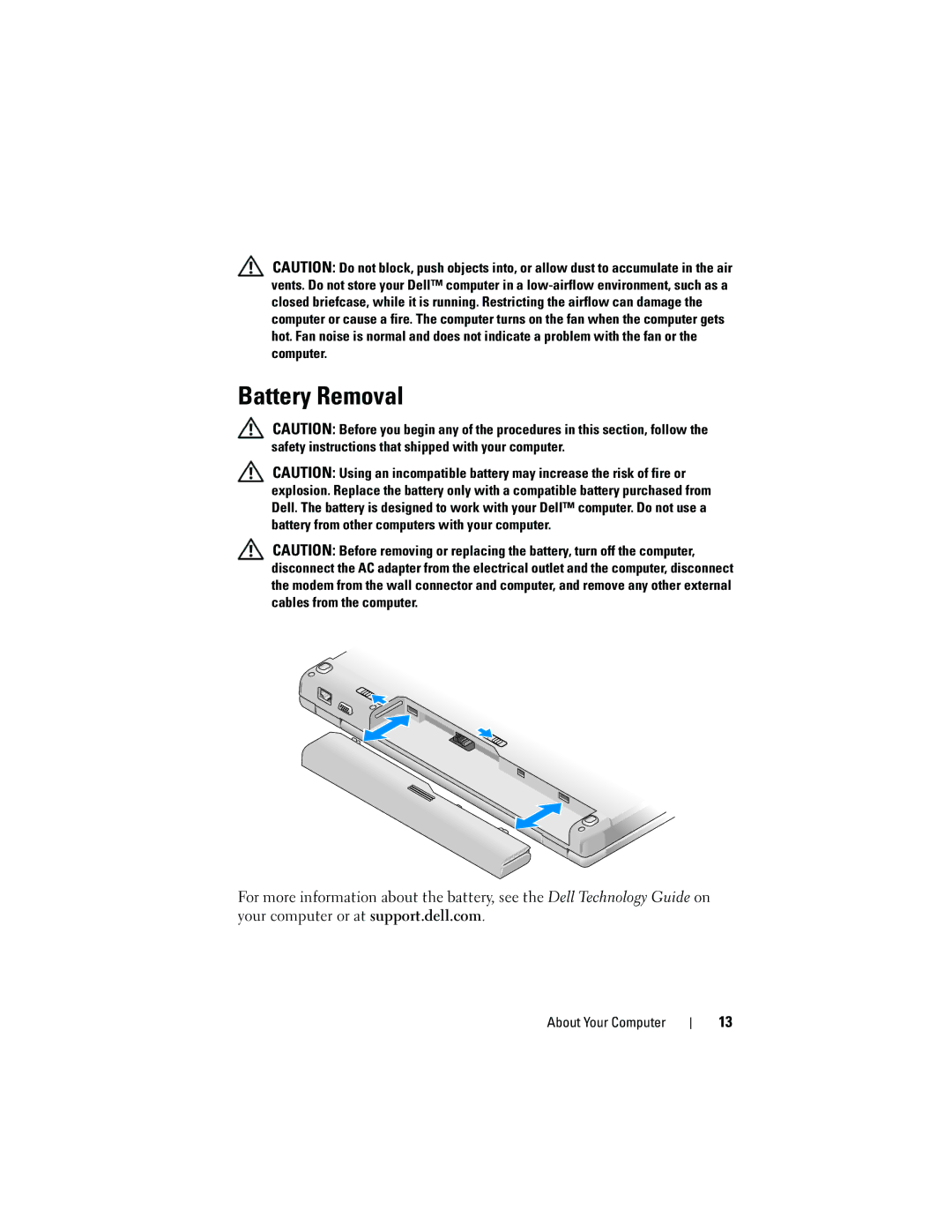 Dell PP36S, PP36L, PP36X manual Battery Removal 