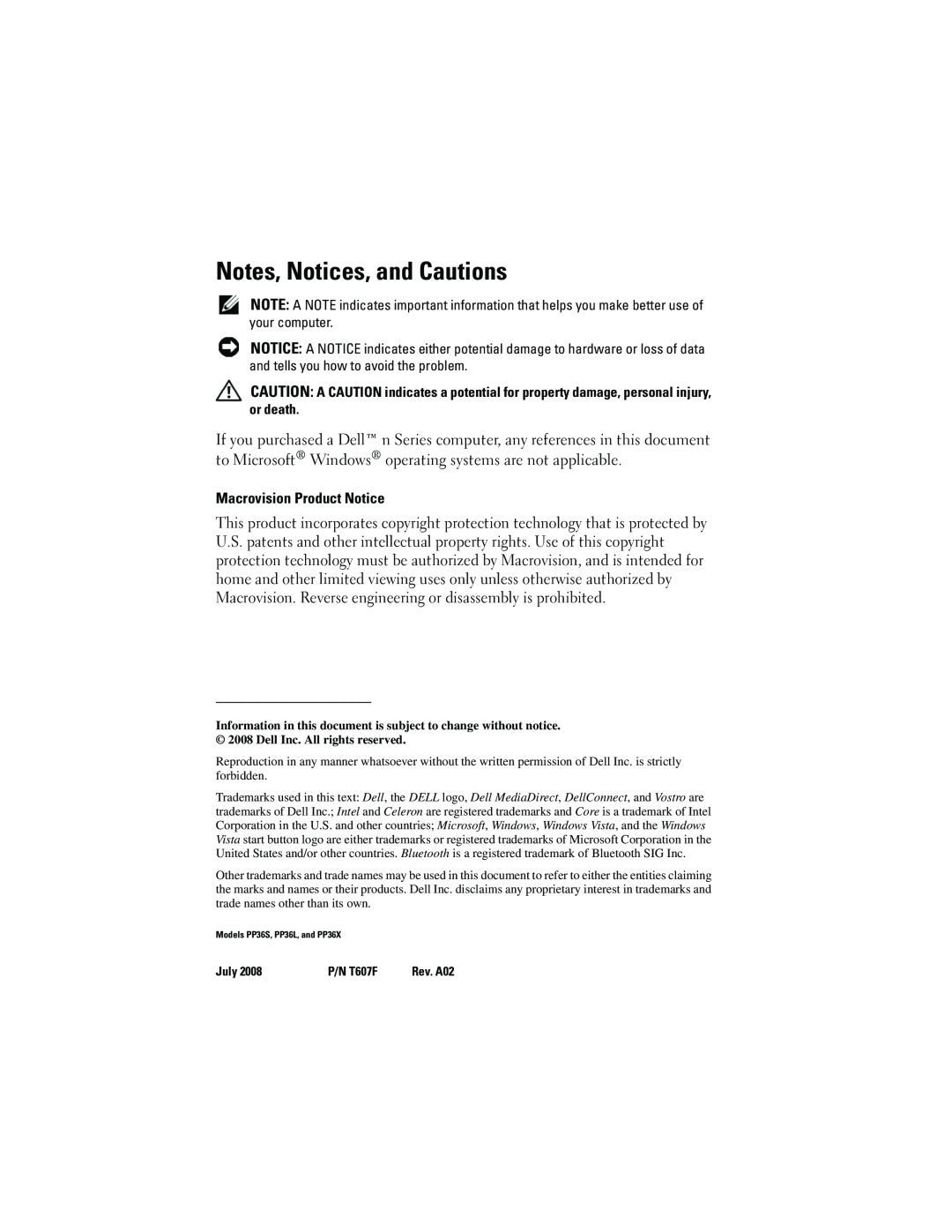Dell PP36X, PP36L, PP36S manual Notes, Notices, and Cautions, Macrovision Product Notice 