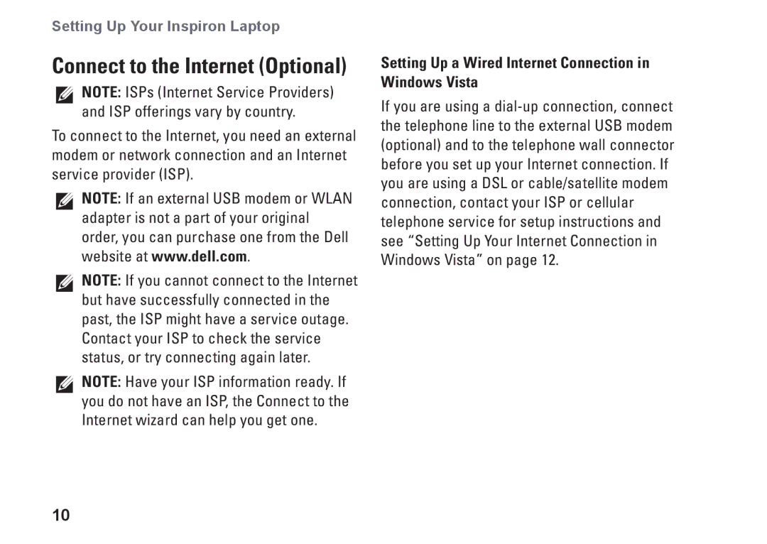 Dell PP40S setup guide Connect to the Internet Optional, Setting Up a Wired Internet Connection in Windows Vista 