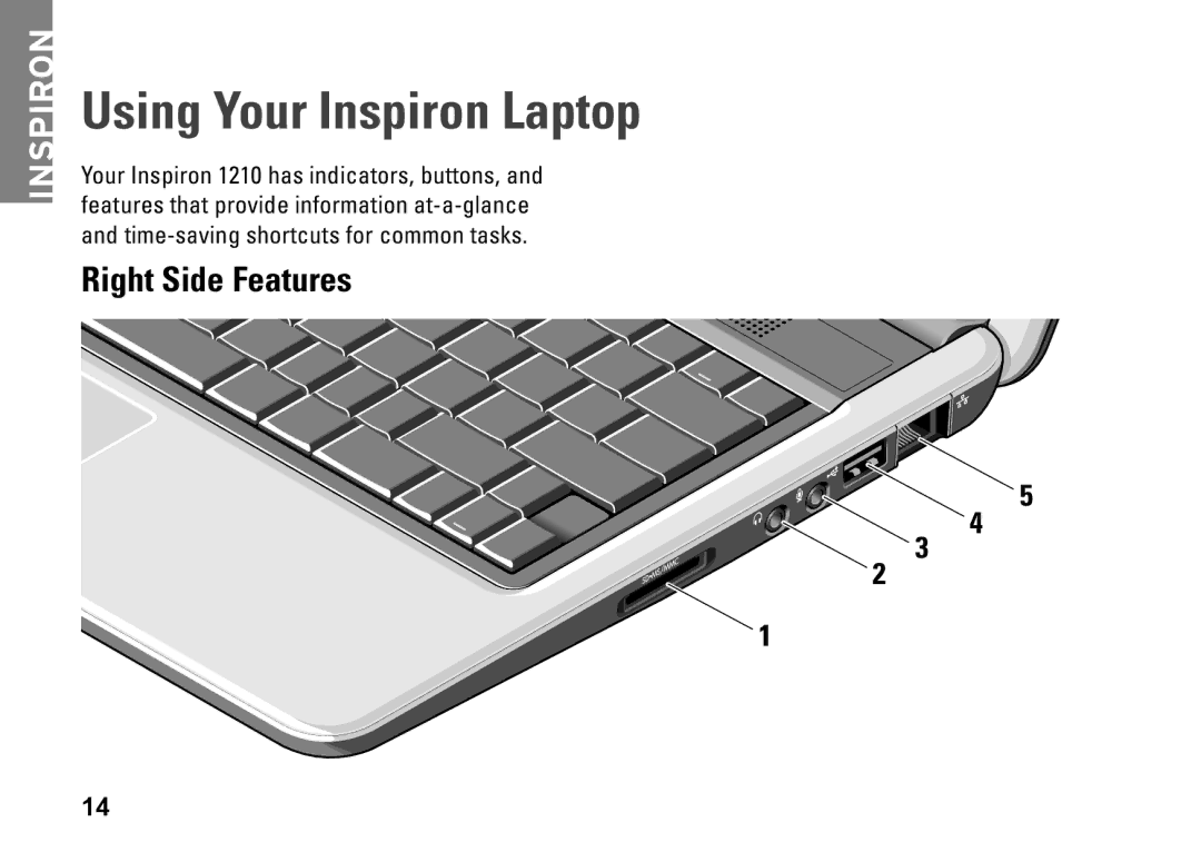 Dell PP40S setup guide Using Your Inspiron Laptop, Right Side Features 