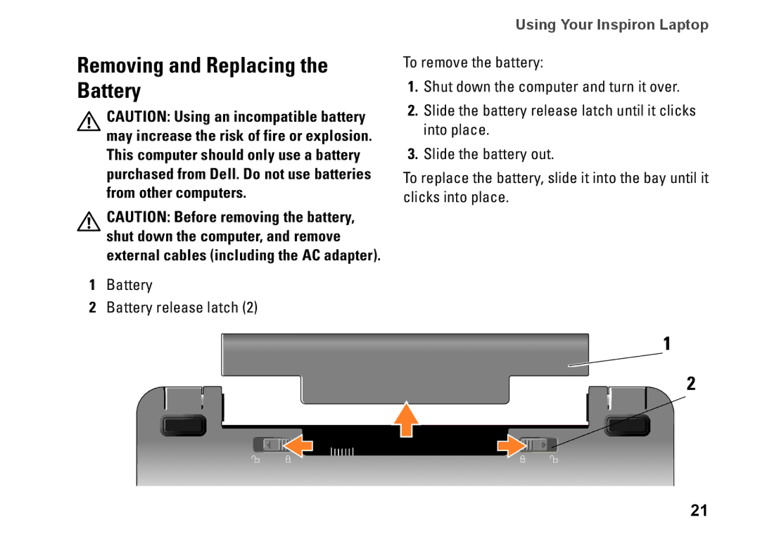 Dell PP40S setup guide Removing and Replacing the Battery 