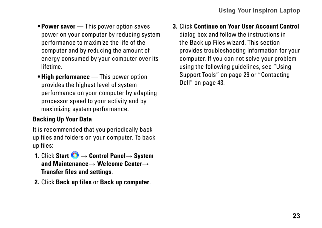 Dell PP40S setup guide Backing Up Your Data, Click Back up files or Back up computer 