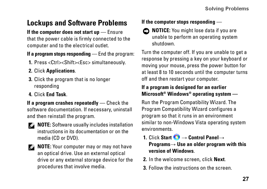 Dell PP40S setup guide Click Applications, Click End Task, If the computer stops responding 