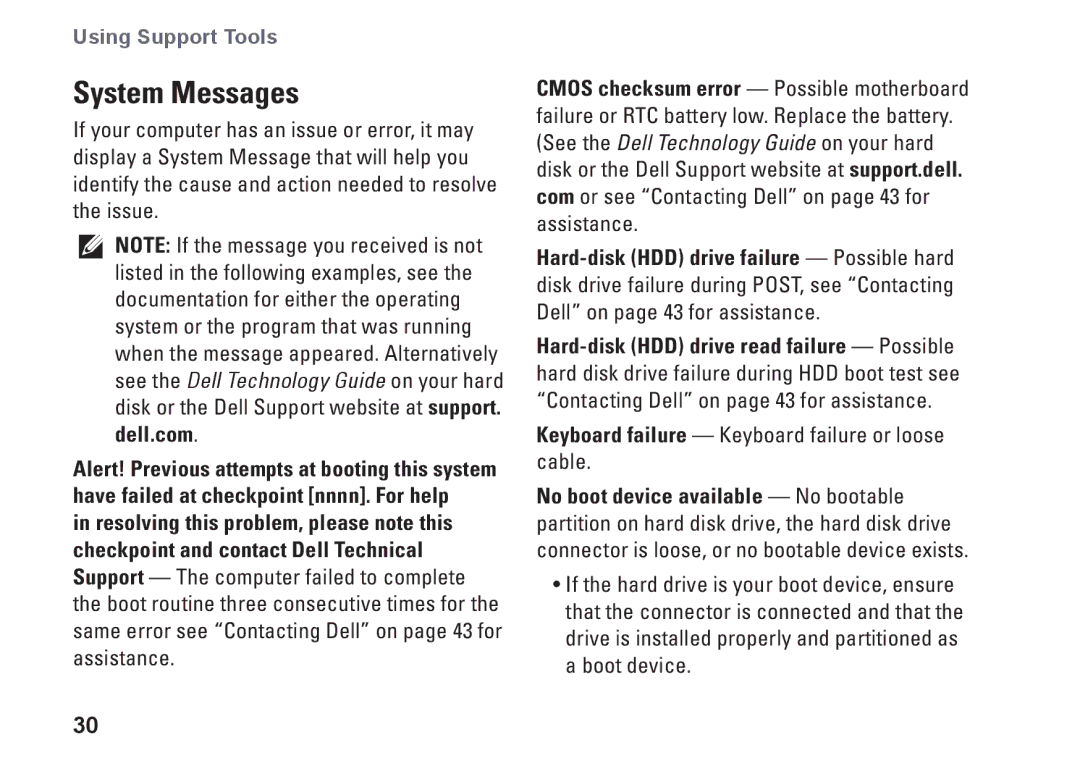 Dell PP40S setup guide System Messages, Keyboard failure Keyboard failure or loose cable 