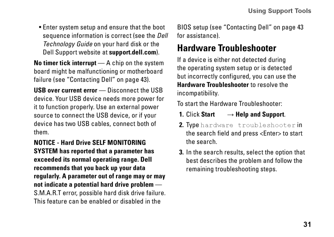 Dell PP40S setup guide Hardware Troubleshooter, Click Start → Help and Support 