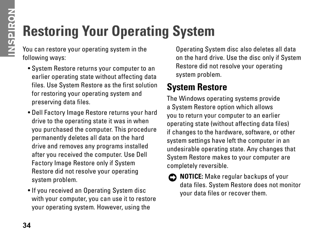 Dell PP40S setup guide Restoring Your Operating System, System Restore 