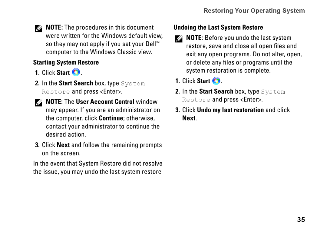 Dell PP40S Starting System Restore, Undoing the Last System Restore, Click Undo my last restoration and click Next 