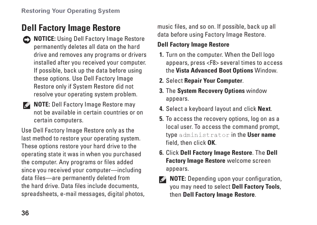 Dell PP40S setup guide Dell Factory Image Restore 