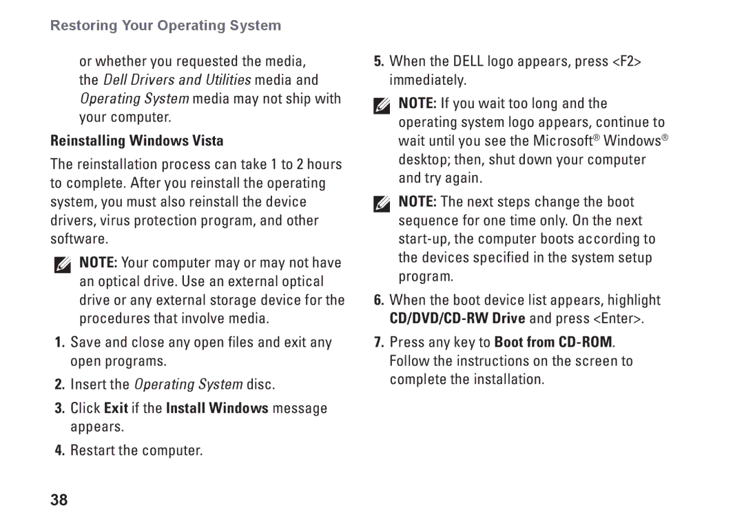 Dell PP40S setup guide Reinstalling Windows Vista, Click Exit if the Install Windows message appears 