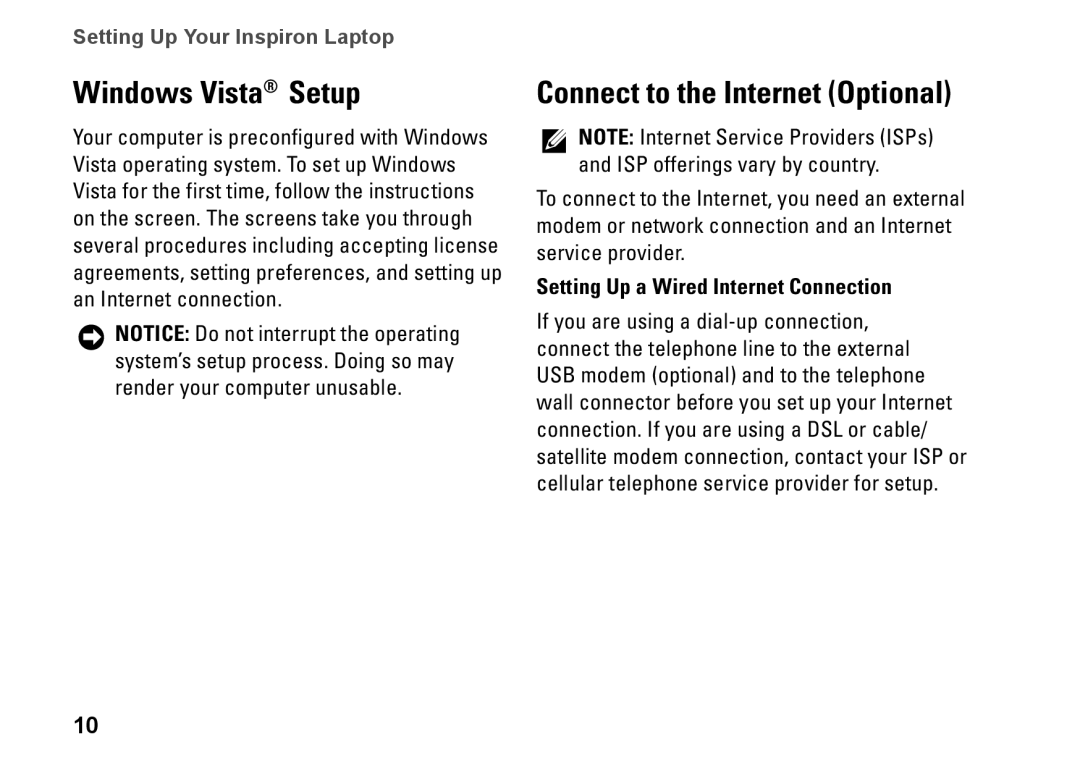 Dell PP41L setup guide Windows Vista Setup, Connect to the Internet Optional, Setting Up a Wired Internet Connection 