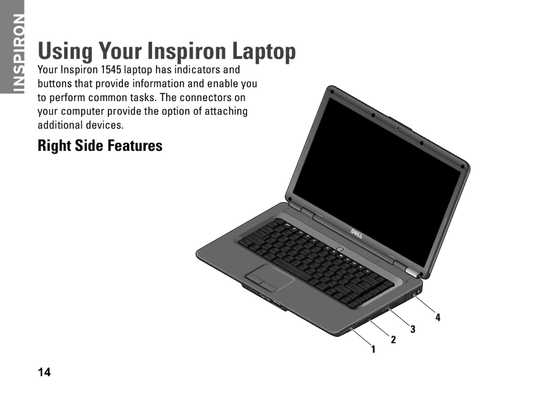 Dell PP41L setup guide Using Your Inspiron Laptop, Right Side Features 