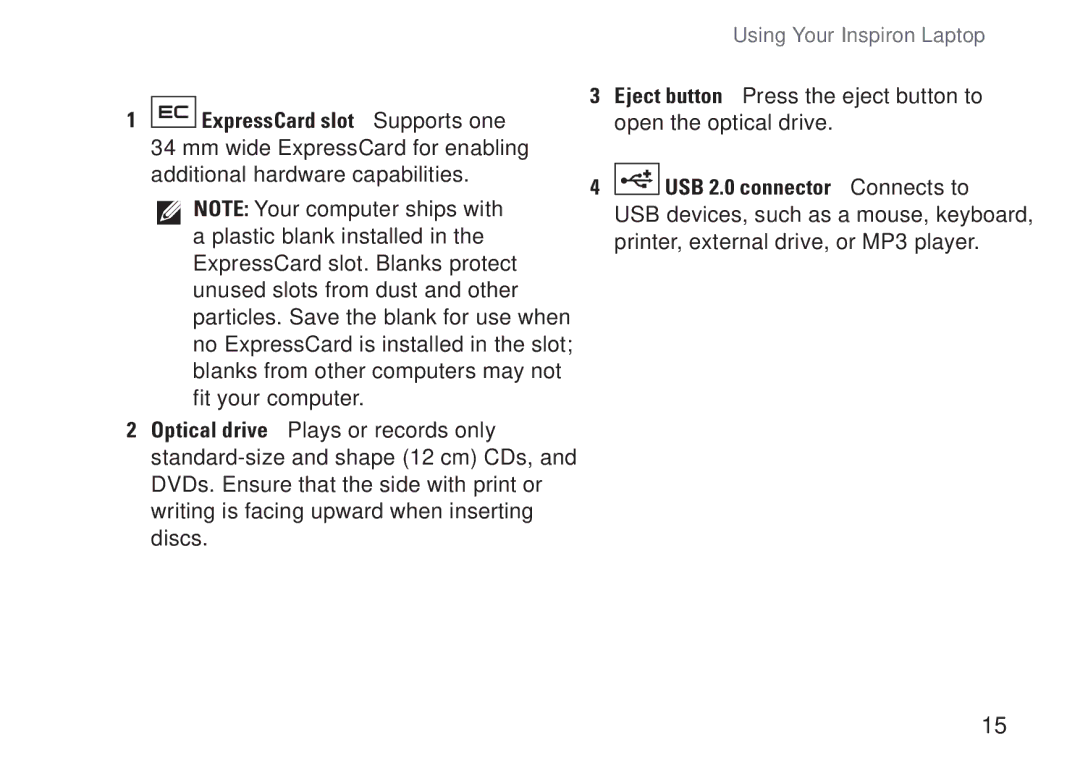 Dell PP41L setup guide Using Your Inspiron Laptop 