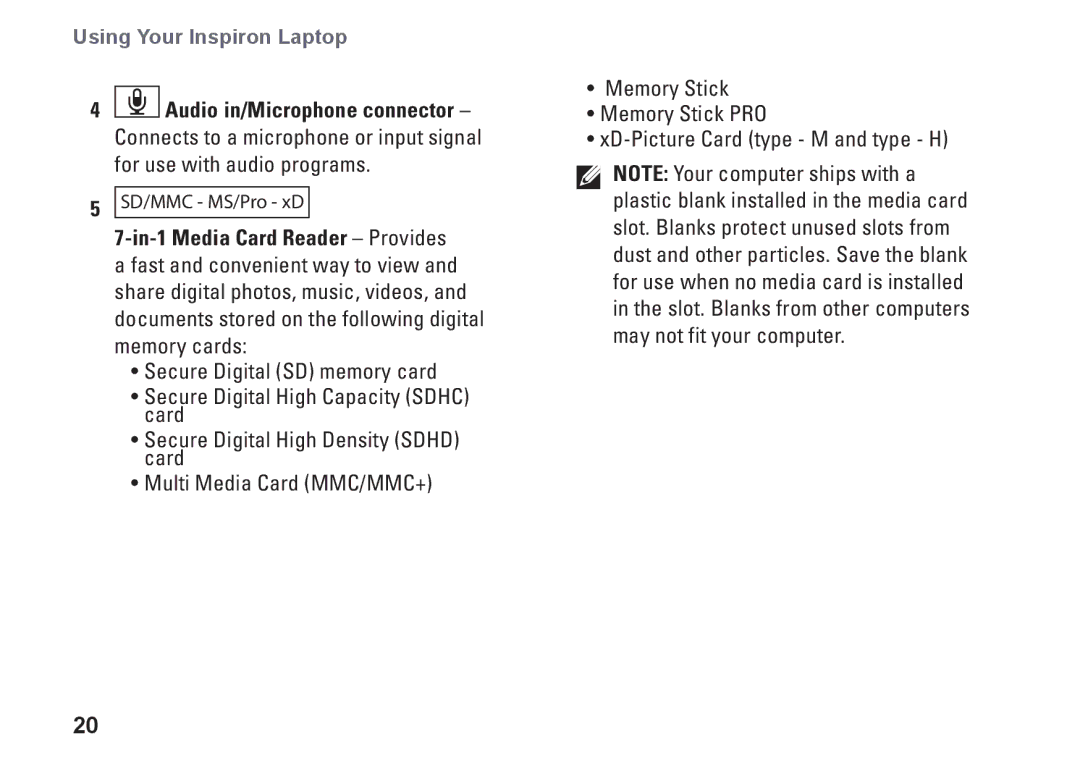 Dell PP41L setup guide In-1 Media Card Reader Provides 