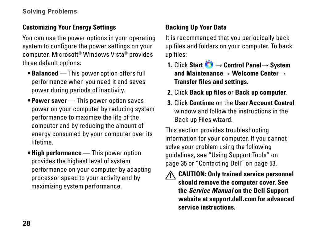 Dell PP41L setup guide Customizing Your Energy Settings, Backing Up Your Data 